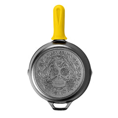Seasoned Cast Iron Sugar Skull Skillet with Deluxe Handle Holder