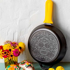Seasoned Cast Iron Sugar Skull Skillet with Deluxe Handle Holder